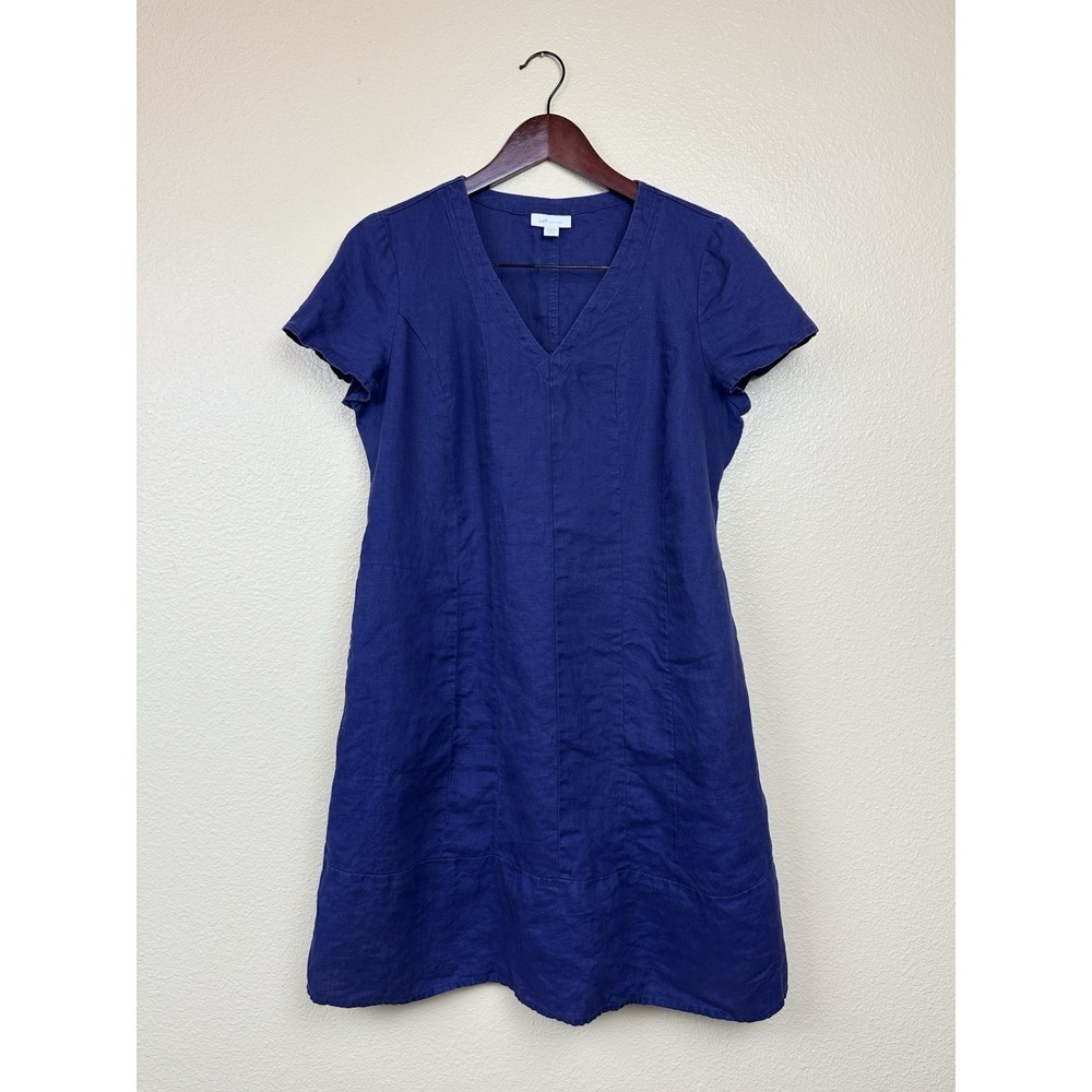 J. Jill Blue V-Neck Linen Short Sleeve Dress Size Petite Small Navy Blue Coastal